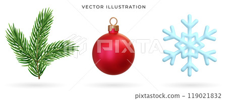 3d snowflake, Christmas ball, evergreen pine tree branches set. Vector illustration. Realistic christmas collection. Xmas decoration for New year celebration 3d snowflake, Christmas ball, evergreen pine tree branches set. Vector illustration. Realistic christmas collection. Xmas decoration for New year celebration 119021832