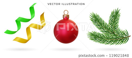 3d Serpentine, Christmas ball, evergreen pine tree branches set. Vector illustration. Realistic christmas collection. Xmas decoration for New year celebration 119021848