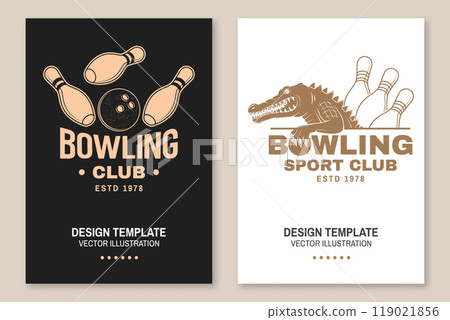 Bowling sports club poster. Vintage design with crocodile and bowling ball silhouette. Vector. 119021856