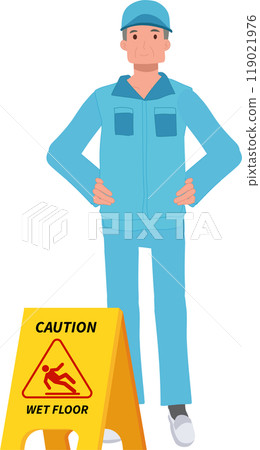 Cartoon Illustration of Male Cleaner,janitor in Blue Uniform Holding Caution Wet Floor Sign for Workplace Safety. 119021976