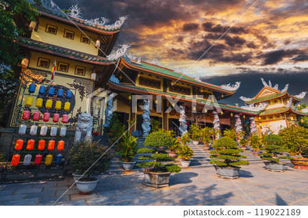 Buddhist temple at Linh ung Pagoda in Da Nang in Vietnam at sunset in summer in Asia Buddhist temple at Linh ung Pagoda in Da Nang in Vietnam at sunset in summer in Asia 119022189