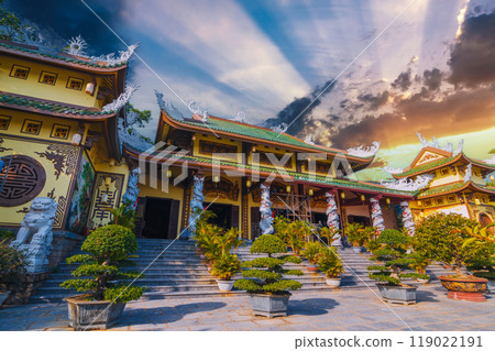Asian Buddhist temple at Linh Ung Pagoda in Da Nang in Vietnam at sunset in Asia Asian Buddhist temple at Linh Ung Pagoda in Da Nang in Vietnam at sunset in Asia 119022191