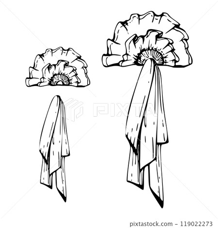 Ribbon rosette bow tie braid fabric, decoration female fashion accessory, celebration lambrequin. Hand drawn ink vector isolated illustration. Design atelier, tailor, hobby shop, fashion boutique. Ribbon rosette bow tie braid fabric, decoration female fashion accessory, celebration lambrequin. Hand drawn ink vector isolated illustration. Design atelier, tailor, hobby shop, fashion boutique. 119022273