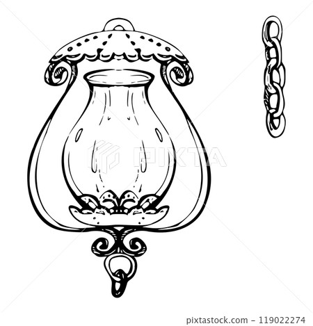 Ancient vintage lantern, iron cast ornate street light gas lamp with chain, city urban decor. Hand drawn ink vector illustration. Single element isolated on white. Design travel, vacation, brochure Ancient vintage lantern, iron cast ornate street light gas lamp with chain, city urban decor. Hand drawn ink vector illustration. Single element isolated on white. Design travel, vacation, brochure 119022274