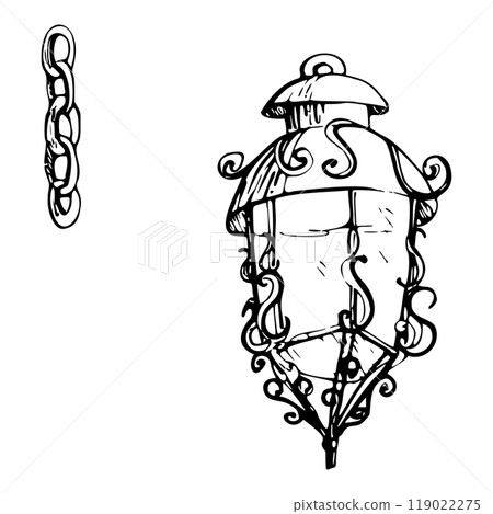 Ancient vintage lantern, iron cast ornate street light gas lamp with chain. Hand drawn ink vector illustration, city urban decor. Single element isolated on white. Design travel, vacation, brochure Ancient vintage lantern, iron cast ornate street light gas lamp with chain. Hand drawn ink vector illustration, city urban decor. Single element isolated on white. Design travel, vacation, brochure 119022275