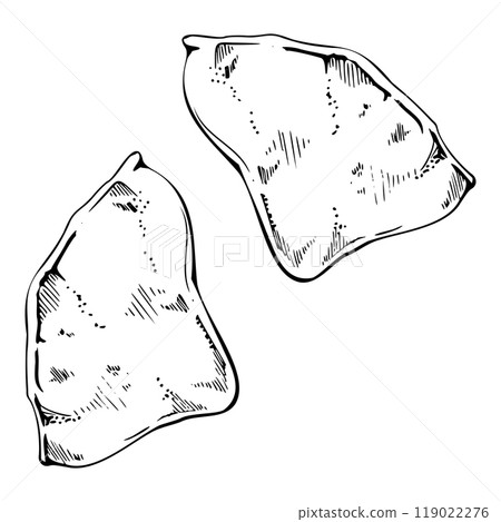 Street food Mexican snack, corn nacho chips empanadas fajita taco pita pastry samosa lavash. Hand drawn ink vector Isolated illustration. Design snack bar, delivery restaurant cafe menu, recipe book 119022276