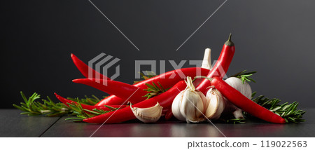 Red hot chili peppers, garlic, and rosemary on a black background. 119022563