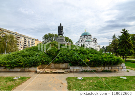 Monument dedicated to Karadjordje, leader of Serbian Uprising, and Saint Sava church in Belgrade, Serbia Monument dedicated to Karadjordje, leader of Serbian Uprising, and Saint Sava church in Belgrade, Serbia 119022603