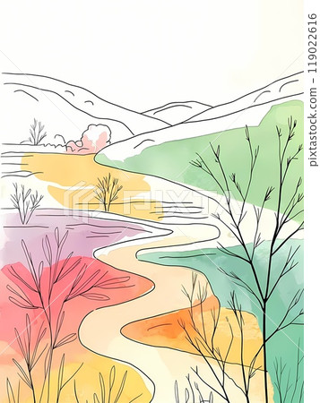 A serene minimalist watercolor painting on a pristine white background, showcasing a field landscape with simple yet vibrant pastel colors 119022616