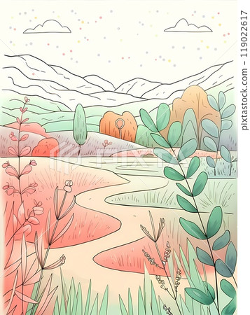 A serene minimalist watercolor painting on a pristine white background, showcasing a field landscape with simple yet vibrant pastel colors 119022617