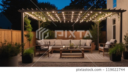 A pergola surrounded by greenery, gravel on the ground, simple patio furniture, string lights, night 119022744