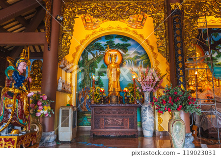 Interior and altar inside Buddhist temple in Asia in Vietnam in Da Nang at the Linh Ung Pagoda 119023031