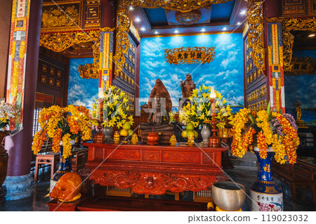 Interior inside the Buddhist temple in Asia in Vietnam in Da Nang at Linh Ung Pagoda Interior inside the Buddhist temple in Asia in Vietnam in Da Nang at Linh Ung Pagoda 119023032