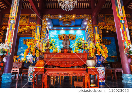 Interior and altar inside Buddhist temple in Asia in Vietnam in Da Nang at the Linh Ung Pagoda Interior and altar inside Buddhist temple in Asia in Vietnam in Da Nang at the Linh Ung Pagoda 119023033