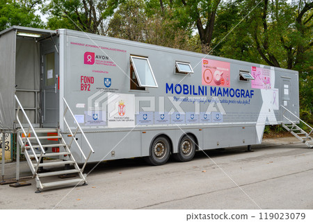 Mobile mammography bus for free walk-in mammography screenings, raising awareness against breast cancer in Belgrade, Serbia Mobile mammography bus for free walk-in mammography screenings, raising awareness against breast cancer in Belgrade, Serbia 119023079