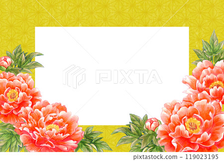 Peony flower hand-drawn material postcard template Japanese and Chinese style 119023195