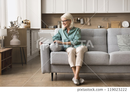 Elderly 60s woman on retirement using laptop at home Elderly 60s woman on retirement using laptop at home 119023222