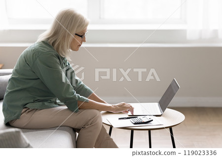 Serious mature woman checking bills, managing personal budget, review rates Serious mature woman checking bills, managing personal budget, review rates 119023336