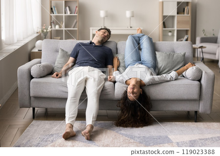 Tired young husband and wife resting on sofa upside down 119023388