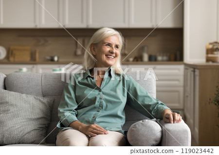 Smiling older female resting on comfortable sofa in studio apartment Smiling older female resting on comfortable sofa in studio apartment 119023442