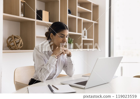 Thoughtful Indian female take distant exam using laptop on workplace 119023559