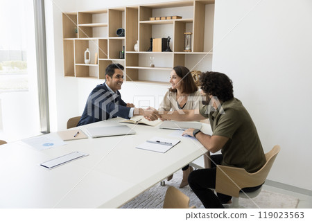 Happy Indian employee shake hand of Arab male partner 119023563