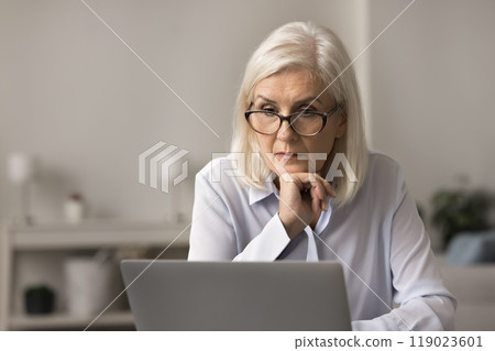 Older businesslady read email, work-related updates or news 119023601