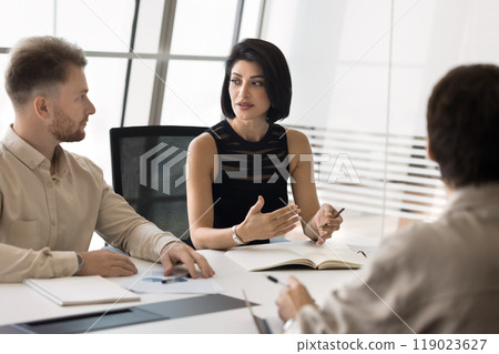 Beautiful young entrepreneur woman talking to male colleagues 119023627