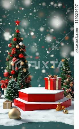 Festive 3D Christmas podiums with toy-inspired designs, featuring empty surfaces and diverse holiday decorations Festive 3D Christmas podiums with toy-inspired designs, featuring empty surfaces and diverse holiday decorations 119023697