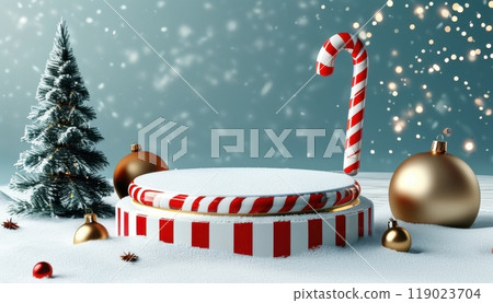 Festive 3D Christmas podiums with toy-inspired designs, featuring empty surfaces and diverse holiday decorations Festive 3D Christmas podiums with toy-inspired designs, featuring empty surfaces and diverse holiday decorations 119023704