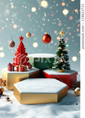Festive 3D Christmas podiums with toy-inspired designs, featuring empty surfaces and diverse holiday decorations 119023715