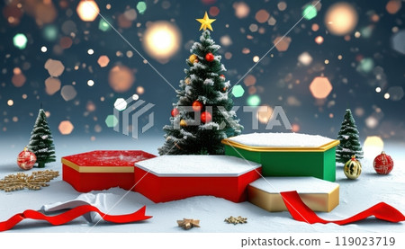 Festive 3D Christmas podiums with toy-inspired designs, featuring empty surfaces and diverse holiday decorations Festive 3D Christmas podiums with toy-inspired designs, featuring empty surfaces and diverse holiday decorations 119023719