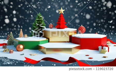 Festive 3D Christmas podiums with toy-inspired designs, featuring empty surfaces and diverse holiday decorations 119023720
