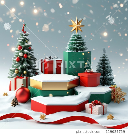 Festive 3D Christmas podiums with toy-inspired designs, featuring empty surfaces and diverse holiday decorations 119023739