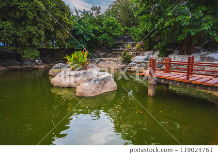Japanese pond with rocks and bridge in the park in garden at the Buddhist pagoda in summer in Asia 119023761