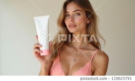 Model in pink lace bikini holding a white sunscreen tube, promoting skincare and sun protection in a fresh, beachy vibe 119023791