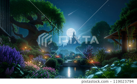 Flower field and castle on a full moon night - AI generated image 119023794