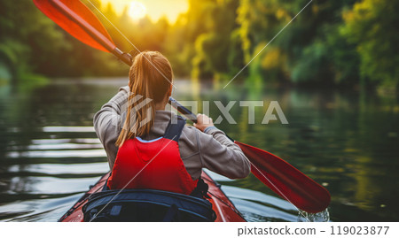 Peaceful kayaking scene during golden hour, image of relaxing outdoor life 119023877
