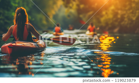 Peaceful kayaking scene during golden hour, image of relaxing outdoor life 119023879