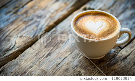 Hot latte on a rustic wooden table 119023954
