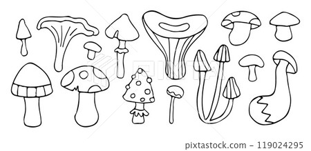 Whimsical mushroom doodles in black and white, featuring various fungi shapes in a playful, hand-drawn style. Perfect for nature-themed designs and illustrations Whimsical mushroom doodles in black and white, featuring various fungi shapes in a playful, hand-drawn style. Perfect for nature-themed designs and illustrations 119024295