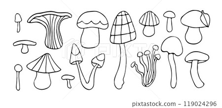Whimsical black and white mushroom illustration with organic shapes and earthy vibes. Perfect for forest, woodland themes, or botanical art with a natural touch Whimsical black and white mushroom illustration with organic shapes and earthy vibes. Perfect for forest, woodland themes, or botanical art with a natural touch 119024296
