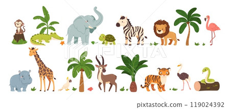 Jungle animals. Cute safari wild mammals. Funny exotic mammal, bird and reptile. Elephant, parrot, lion, crocodile, turtle and palm tree. Kids vector set 119024392