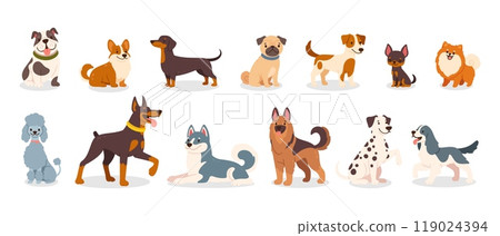 Cute dog breeds. Cartoon puppies and doggy pet. Funny friendly animals characters. Happy corgi, doberman, dalmatian, pug, dachshund. Flat puppy vector set 119024394