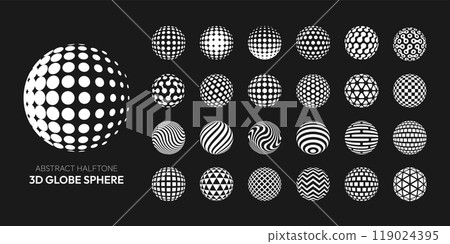 Halftone globe 3D sphere. Dotted, striped, geometric spheres. Hexagon, triangle dot rounded shape. Halftone circles pattern. Textured ball vector set Halftone globe 3D sphere. Dotted, striped, geometric spheres. Hexagon, triangle dot rounded shape. Halftone circles pattern. Textured ball vector set 119024395