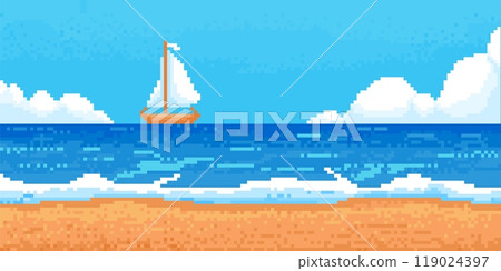 Pixel beach landscape with ship. 8-bit sea coast wave, cloud, sand. Game summer beautiful paradise, yacht in ocean panorama. Retro 2d video vector background Pixel beach landscape with ship. 8-bit sea coast wave, cloud, sand. Game summer beautiful paradise, yacht in ocean panorama. Retro 2d video vector background 119024397