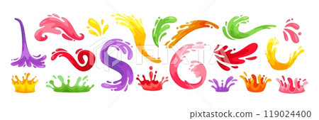 Juice splash. Cartoon drink splatters. Color fruit, vegetable, orange, apple, and berry splashing. Fresh juicy splashes shape, liquid wave, lemonade spiral. Vector set 119024400