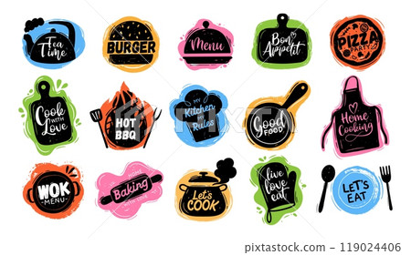 Cooking food stickers. Kitchen lettering badges, sketch cafe, restaurant typography, cuisine food label, baking shop logo, eating element, cook quote. Vector icon set 119024406
