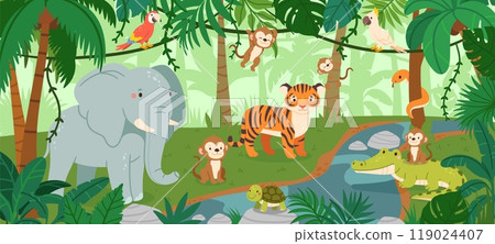Jungle landscape with wild animals. Tropical rainforest background with savanna mammals. Exotic trees and leaves, palms with bird. Exotic jungle vector scene 119024407