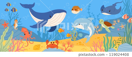 Underwater sea life. Ocean wild marine animals and fish. Cartoon natural undersea world with cute exotic fish, aquatic coral, ocean plant and color algae. Vector scene Underwater sea life. Ocean wild marine animals and fish. Cartoon natural undersea world with cute exotic fish, aquatic coral, ocean plant and color algae. Vector scene 119024408